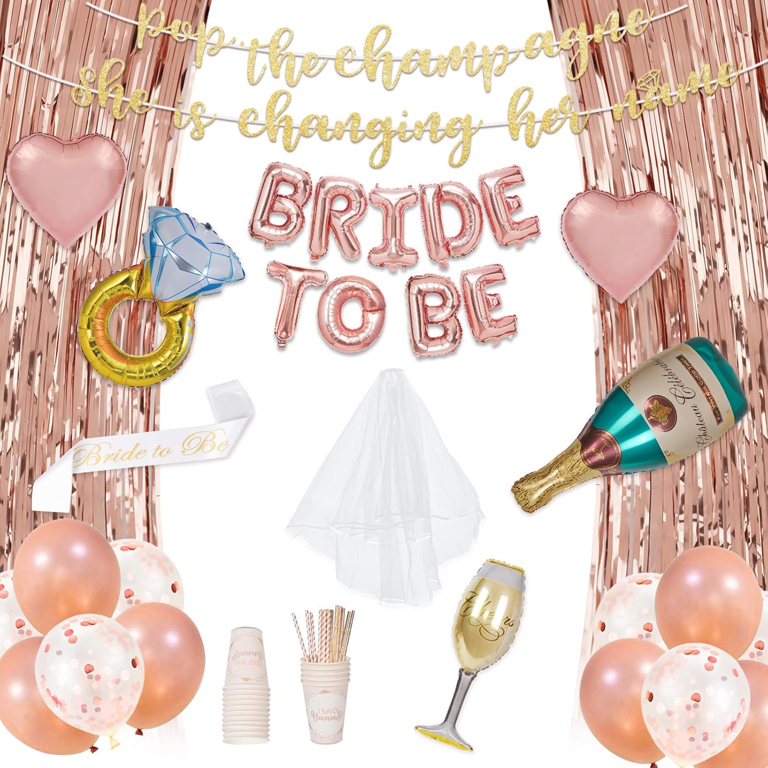 Decorlife Bachelorette Party Decorations, Rose Gold Bridal Shower Decor for Women, 66PCS, Bride to Be Sash, Balloons, Veil, Fringe Curtains, Cups, Straws, Banner Included