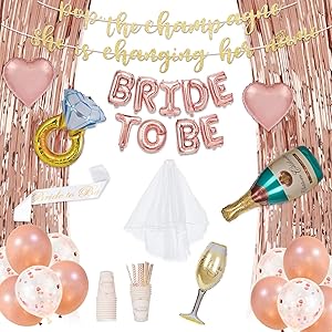 Decorlife Bachelorette Party Decorations, Rose Gold Bridal Shower Decor for Women, 66PCS, Bride to Be Sash, Balloons, Veil, Fringe Curtains, Cups, Straws, Banner Included