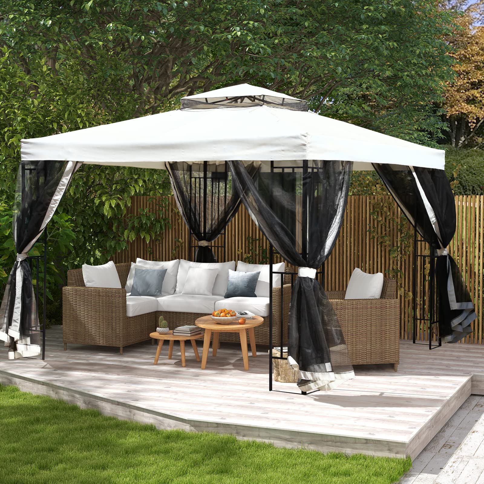 View 1 of Gazebo Canopy, 10x10 Outdoor Gazebo Backyard Canopy Tent with Mosquito Netting and Double Roof for Party, Wedding, BBQ and Event