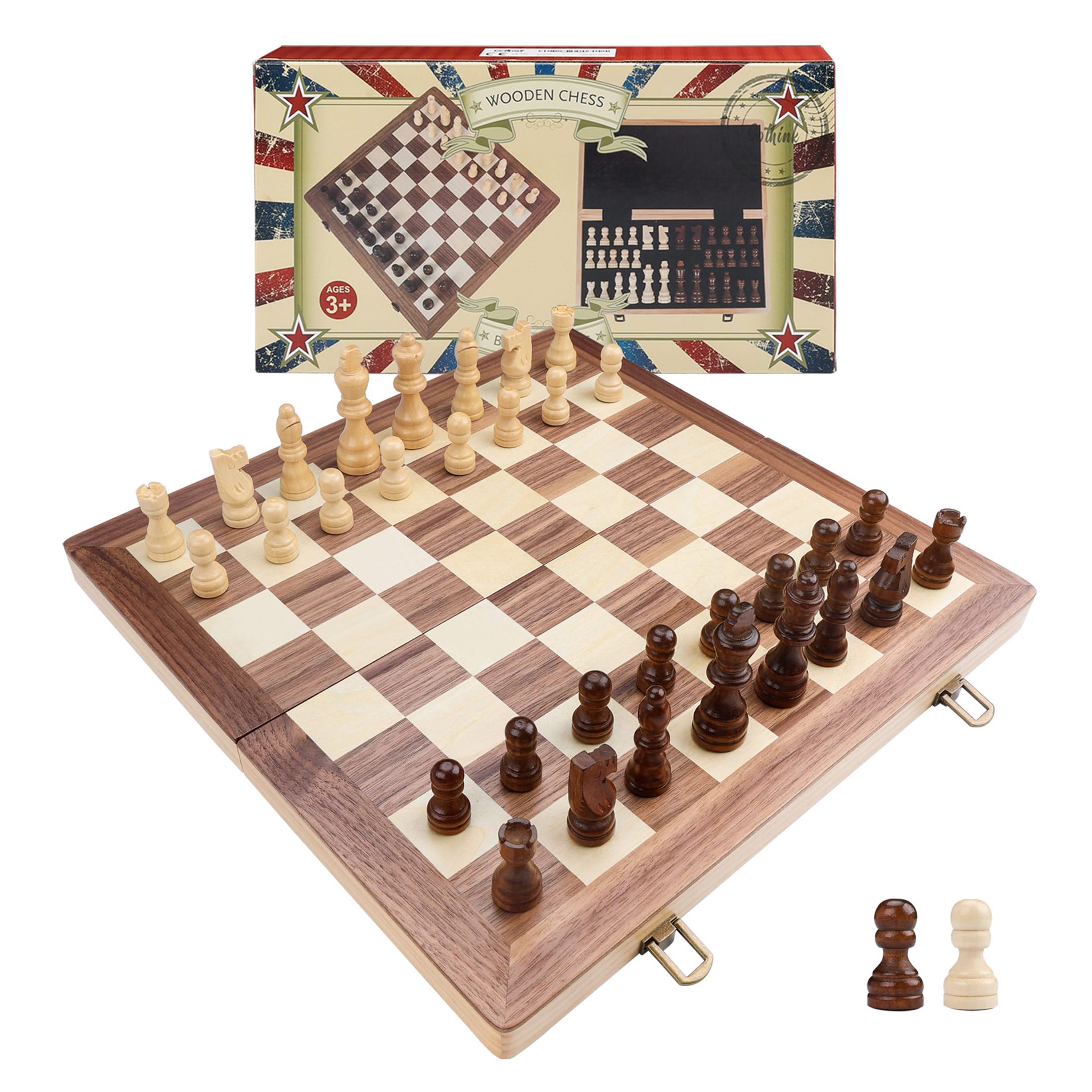 Wooden Chess Set Board Games Portable Folding Chessboard 15”x15” Puzzle Game with 32 Solid Wood Chess Piece for Adults and Kids Travel Family Game Gift