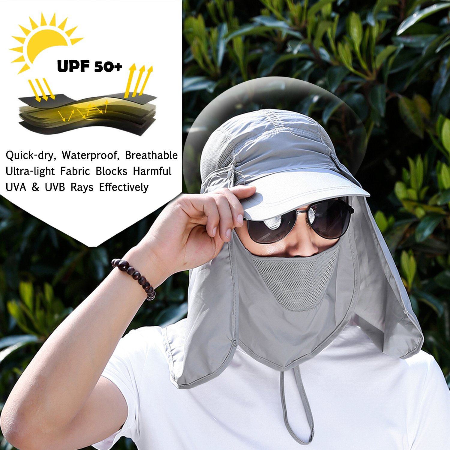 360° UV protection Sun Cap,Dolida Flap Hat Man Women Folding UPF 50+ Sun Cap Adults Removable Neck & Face Flap Cover Cap for Fishing Hiking Garden Work Outdoor Activities Grey