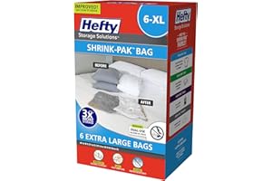 Hefty Shrink-Pak – 6 Extra Large Vacuum Seal Storage Bags – Space Saver Bags for Clothing, Pillows, Towels, or Blankets, 6 x XL Bags
