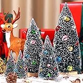 EIMMBD 5pcs Mini Christmas Trees Decorations Artificial Christmas Trees Tabletop Bottle Brush Trees Small Trees with Snow and Colorful Beads for Indoor Outdoor Home Village Winter Holiday Decor