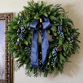 24 Inch Large Christmas Wreath for Front Door Decor, Blue Christmas Wreath | Artificial Cedar Wreath with Blueberry Pine Cones and Blue Satin Bow, Blue Holiday Wreath for Wall Window Mantel Winter Decor