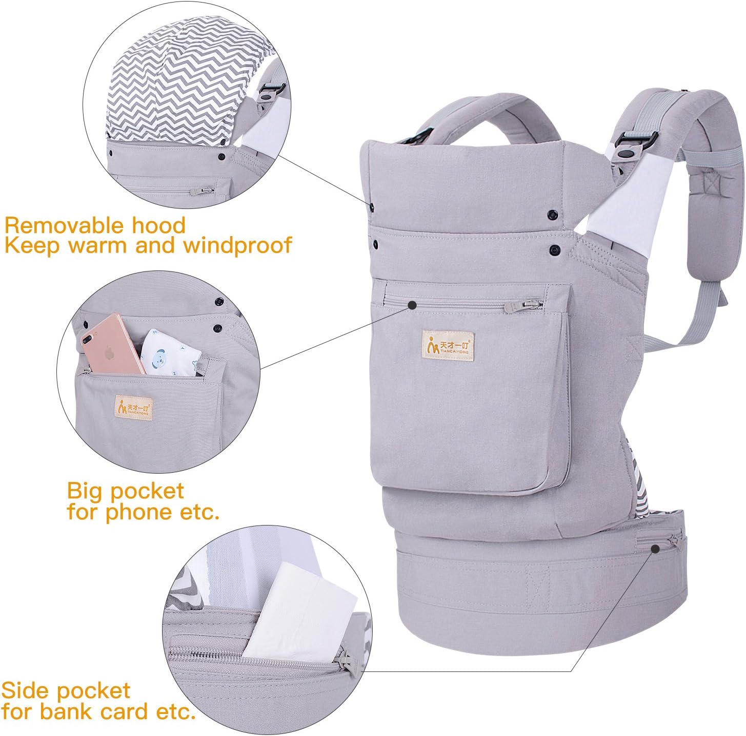 TIANCAIYIDING Baby Carrier with Bibs and Teething Pads for All Shapes and Seasons,Perfect for Alone Nursing from Infant to Toddlers and No Infant Insert Needed，Grey