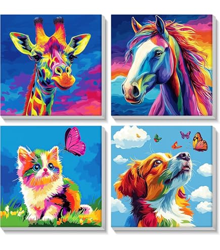 Jawecci Peinture par Numéros Paysage avec Cadre, Lot de 4 Toiles Blumen Kit Créatif pour Enfants à partir de 8 ans et Adultes, Peinture Acrylique DIY Décoration Murale 20x20cm