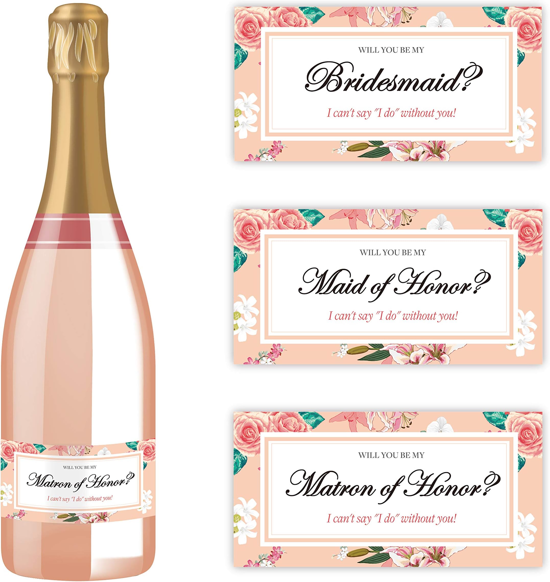 Will You Be My Bridesmaid Stickers | Mini Champagne Bottle Labels | Proposal Ideas ask Sister, Best Friend (Pink Floral)