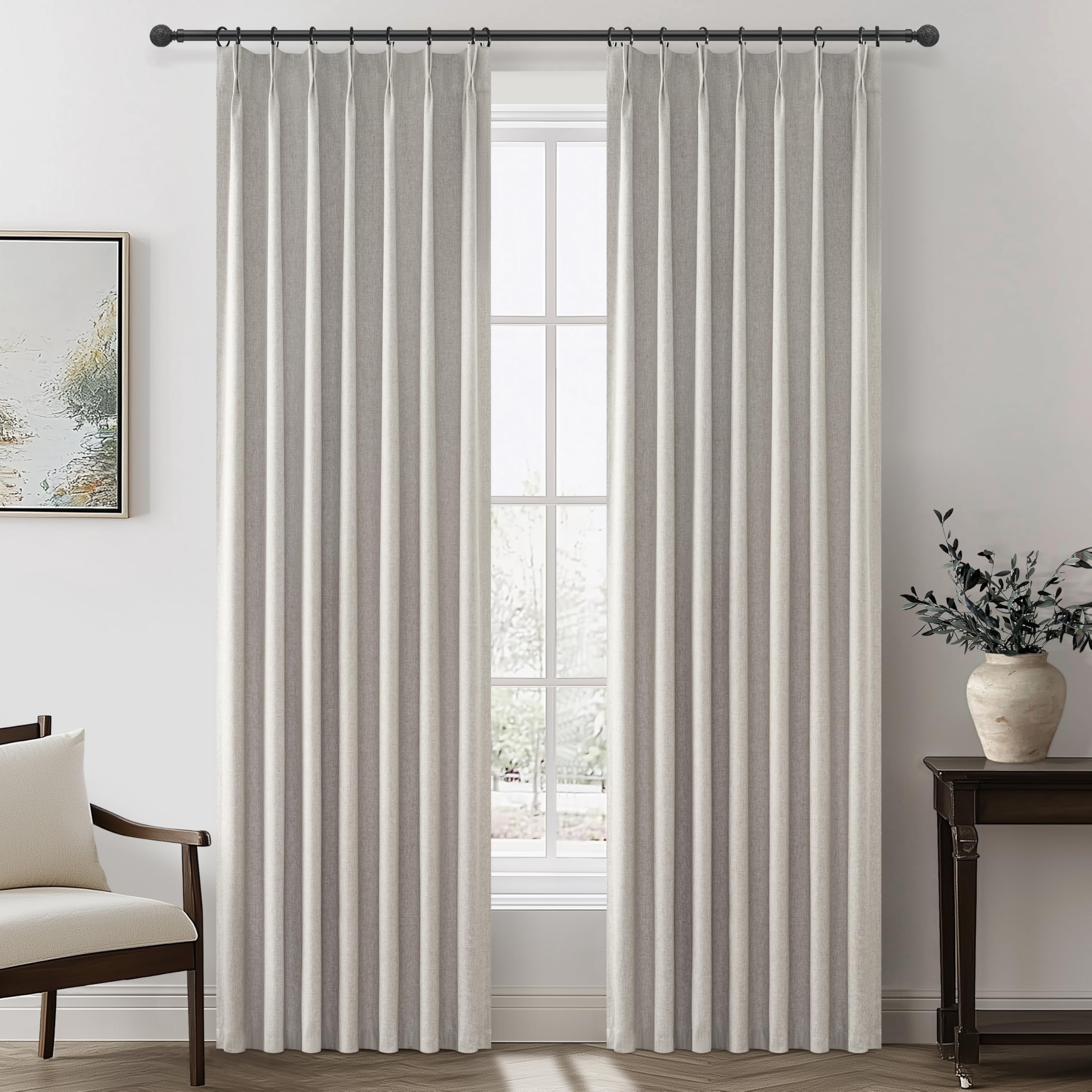 Photo 1 of Natural Melange Pleat Room Darkening Curtains 84 Inch Length 2 Panels Set for Living Room, Linen Look Memory Trained Pinch Pleated Bedroom Drapes Thermal 84 Inch Blackout Curtain 40"Wx84"Lx2Panels