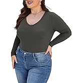 FOREYOND Women's Plus Size Long Sleeve Shirt V Neck Slim Fitted Tshirts Casual Basic Bodycon Basic Tops Undershirts