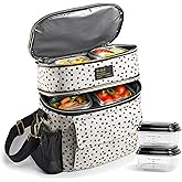 Fit & Fresh Westminster Dual-Compartment Insulated Lunch Bag for Women, Complete Lunch Set with 2 Containers, Double Deck Insulated Cooler Bag with Adjustable Strap, Black & White Polka Dots