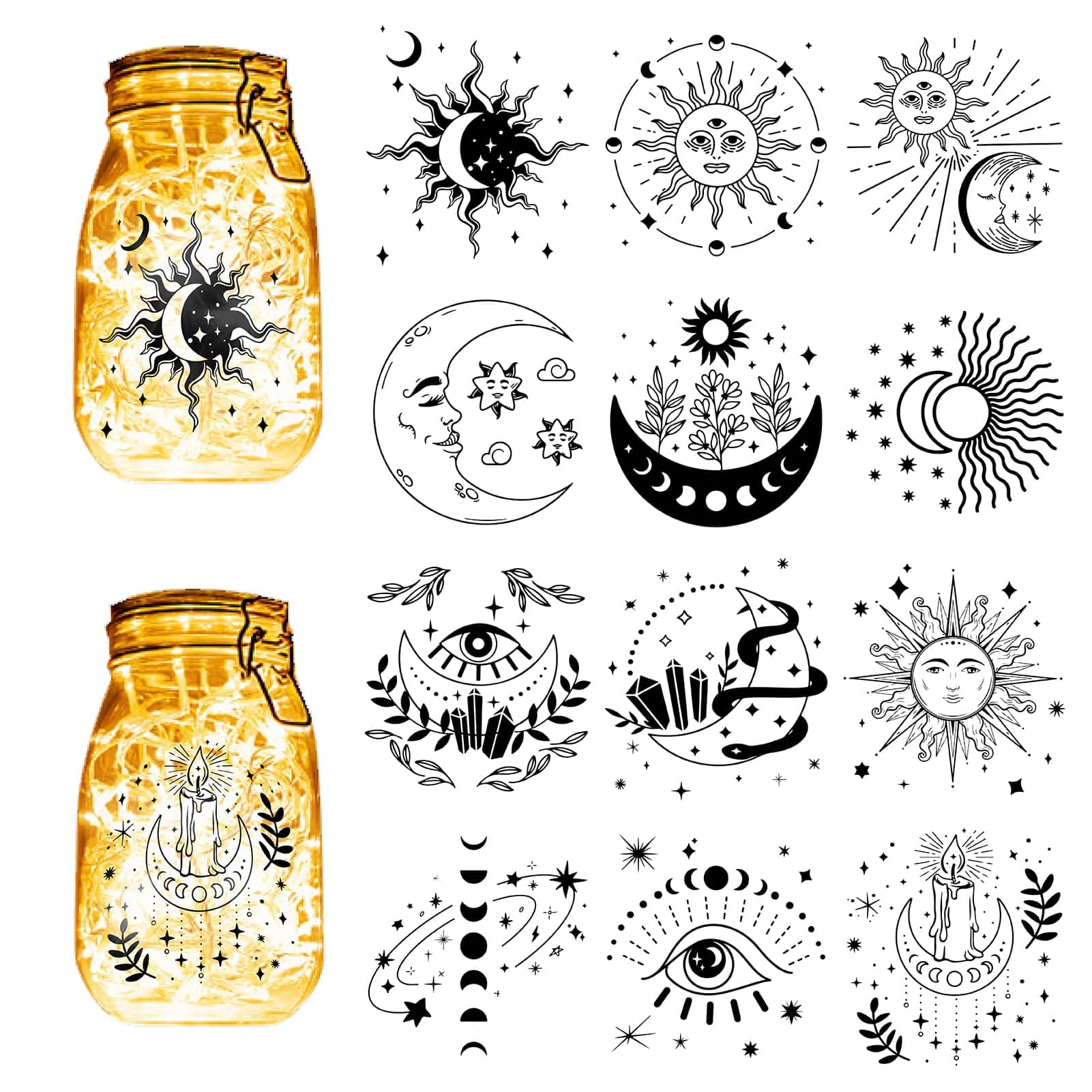 CREATCABIN 12Pcs Moon Phase Silhouettes Mason Jar Decor Sun Star Lantern Laser Cutouts Ornaments Scrapbook Embellishment for Frosted Glass Wall Windows Car DIY Craft Xmas Black 3.9x3.5Inch(No Sticker)