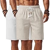 Neer 2 Pack Men's Linen Shorts, Casual Lightweight Drawstring Shorts 9 Inch Inseam Elastic Waist Short Pants with Pockets