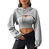 OYOANGLE Women's Cut Out Super Cropped Hoodie Long Sleeve Hooded Sweatshirt Pullovers with Cami Top