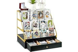 Poyilooo Trading Card Display, 3-Tier Baseball Card Storage with Drawer, Wood Graded Card Display, Sports Card Display Case for Card Game Collection-Trading Card Holder Christmas Gifts (Blackgold)