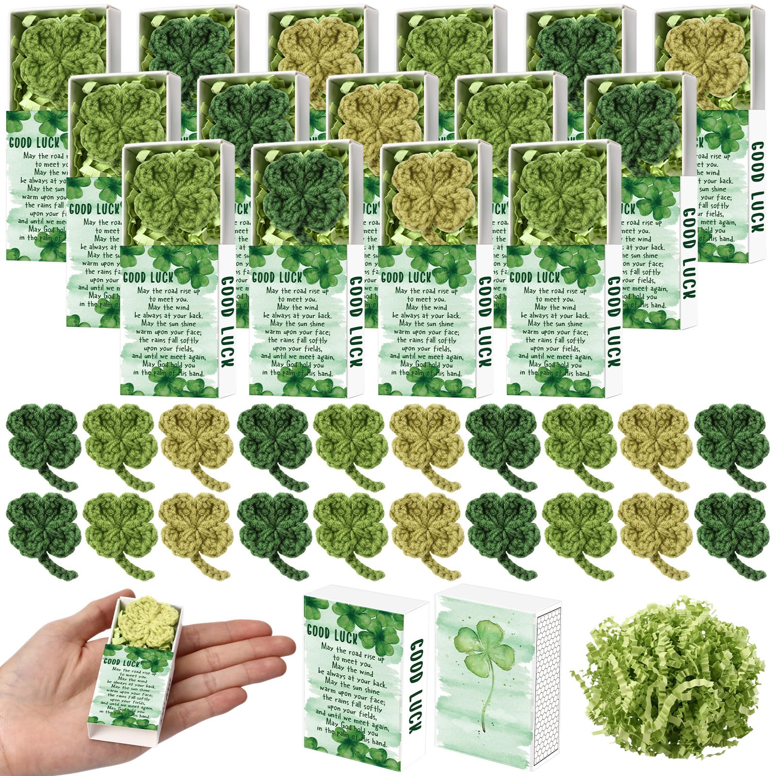 Photo 1 of Wettarn 24 Sets Irish Lucky Gifts Bulk Handmade Crochet Four Leaf Clover Lucky Clover with Greeting Box Irish Themed Party Favors Decor Ornaments for Classroom Students Party Favors Friends