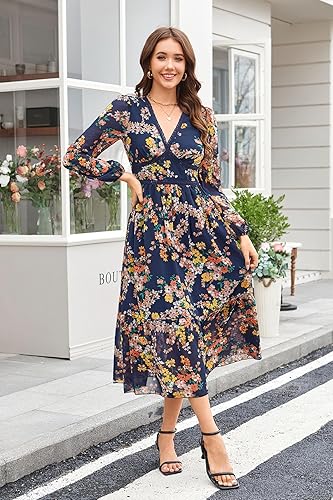 Women's Spring Wrap Maxi Dress Floral V Neck Long Sleeve Wedding