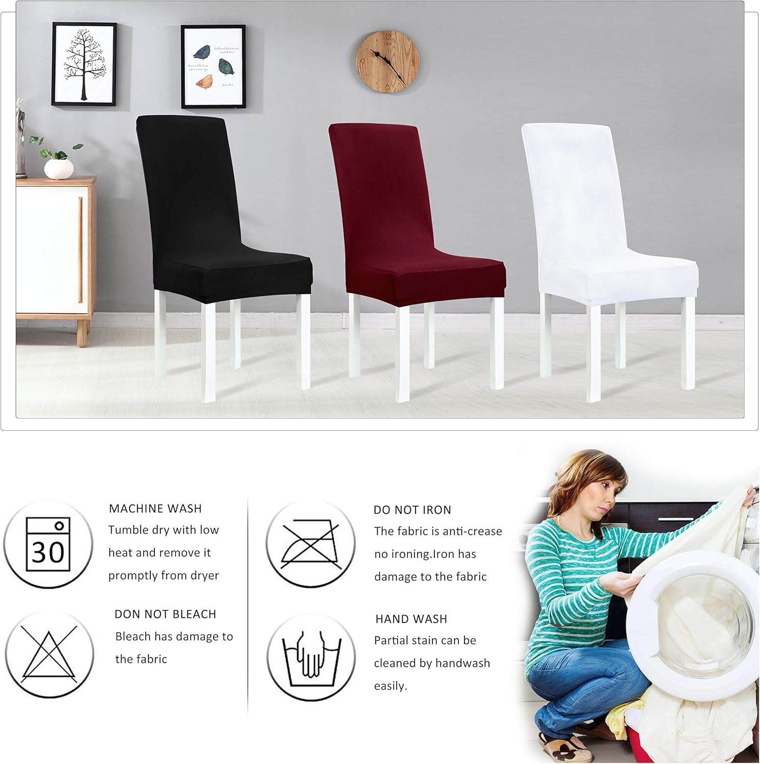 Obstal Black Stretch Spandex Dining Room Chair Covers – Set of 4 Universal Removable Washable Chair Seat Slipcovers Protector for Kitchen, Ceremony, Wedding, Banquet, Hotel and Party: Kitchen & Dining