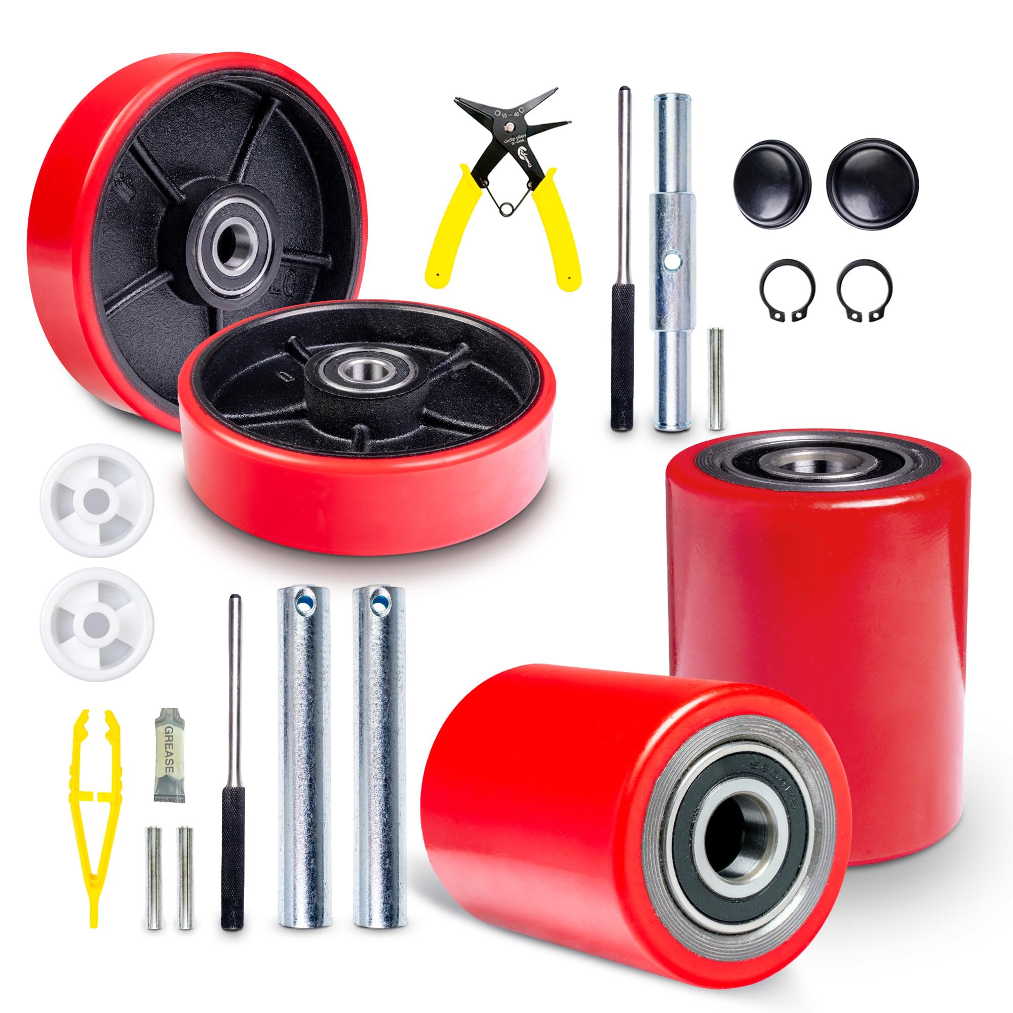 Photo 1 of Pallet Jack/Truck FULL SET RED with Axles, Steering Wheels 7"x 2" Pair, Front Load Roller 3" x 3.75" Pair with Bearings ID 20mm Poly Tread Red, Entry Exit Roller and Protective Caps