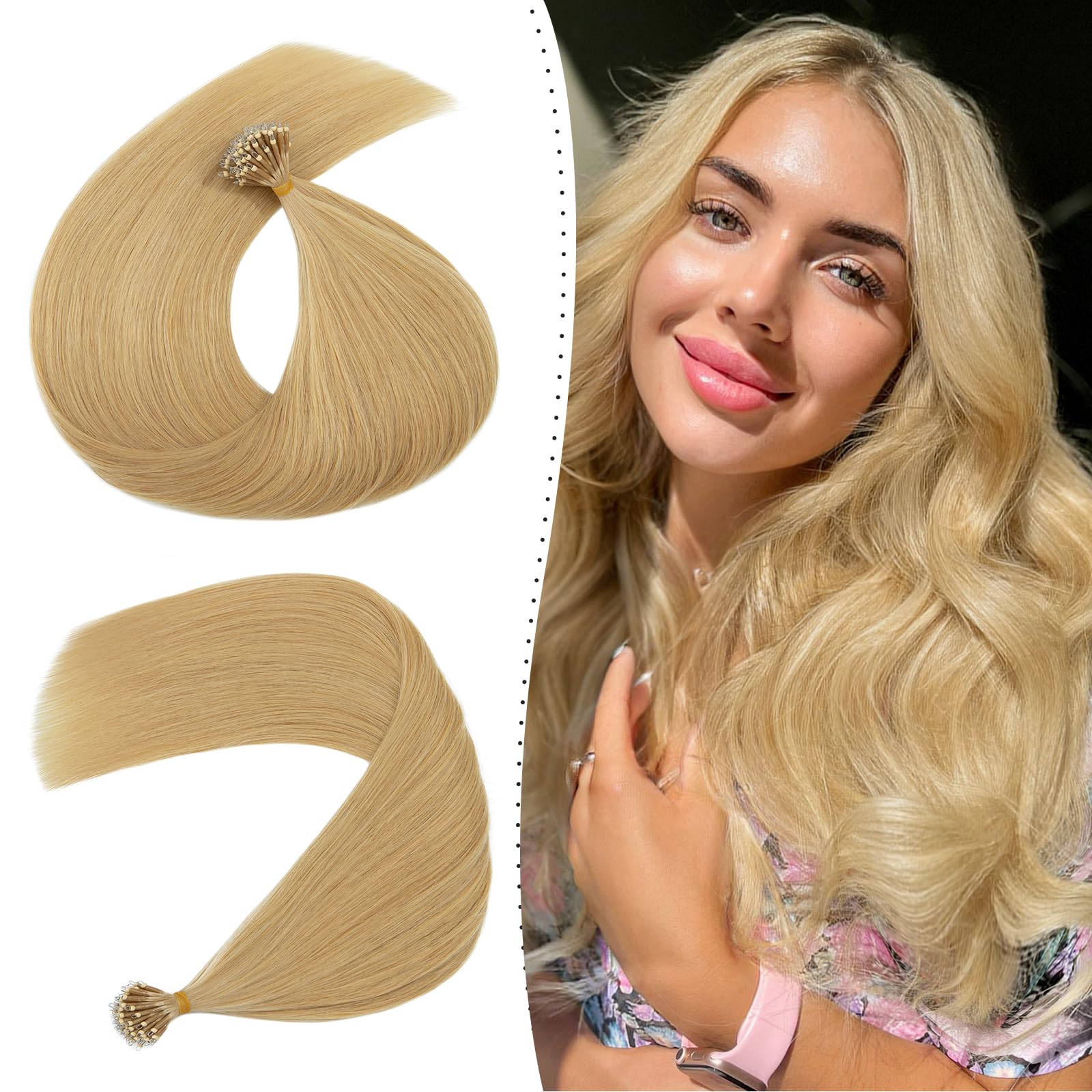 Nano Ring Hair Extensions 16inch 1g/s Pre Bonded 50g Nano Tip Bondings 100% Real Remy Human Hair #24 Natural Blonde With Nano Beads Cold Fusion 50 Strands