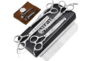 CIICII Dog Grooming Scissors Kit, 10-In-1 Professional Pet Grooming Scissors Set with Safety Round Tip (Dogs/Cat Hair Cutting Trimming Thinning Shears with Curved Scissors) for DIY Home Salon (Silver)