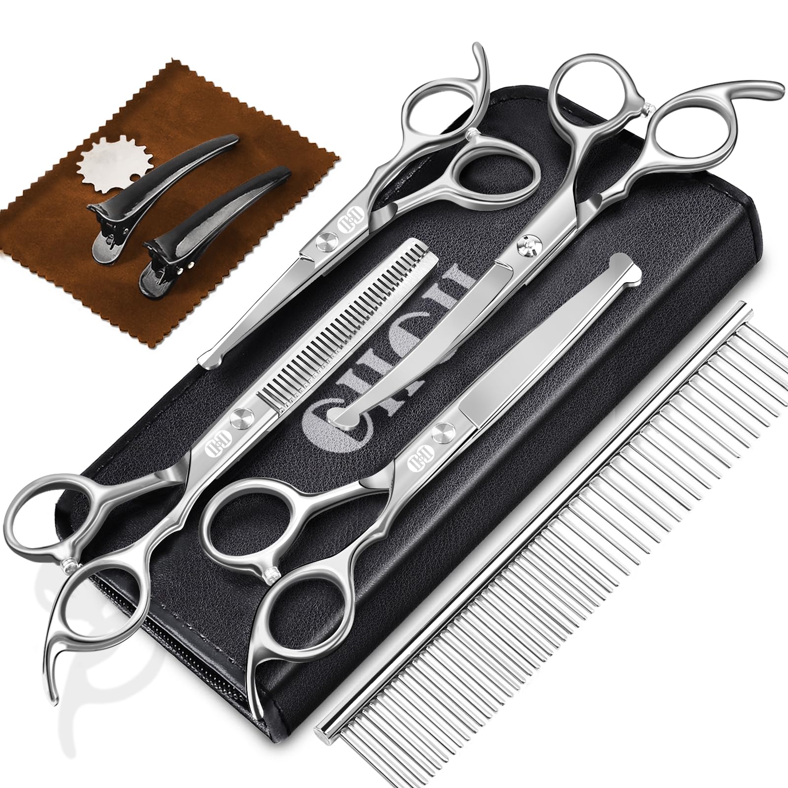 CIICII Dog Grooming Scissors Kit, 7 Inch Professional Pet Grooming Scissors Set with Safety Round Tip (Dogs/Cat Hair Cutting Trimming Thinning Shears with Curved Scissors) for DIY Home Salon (Silver)