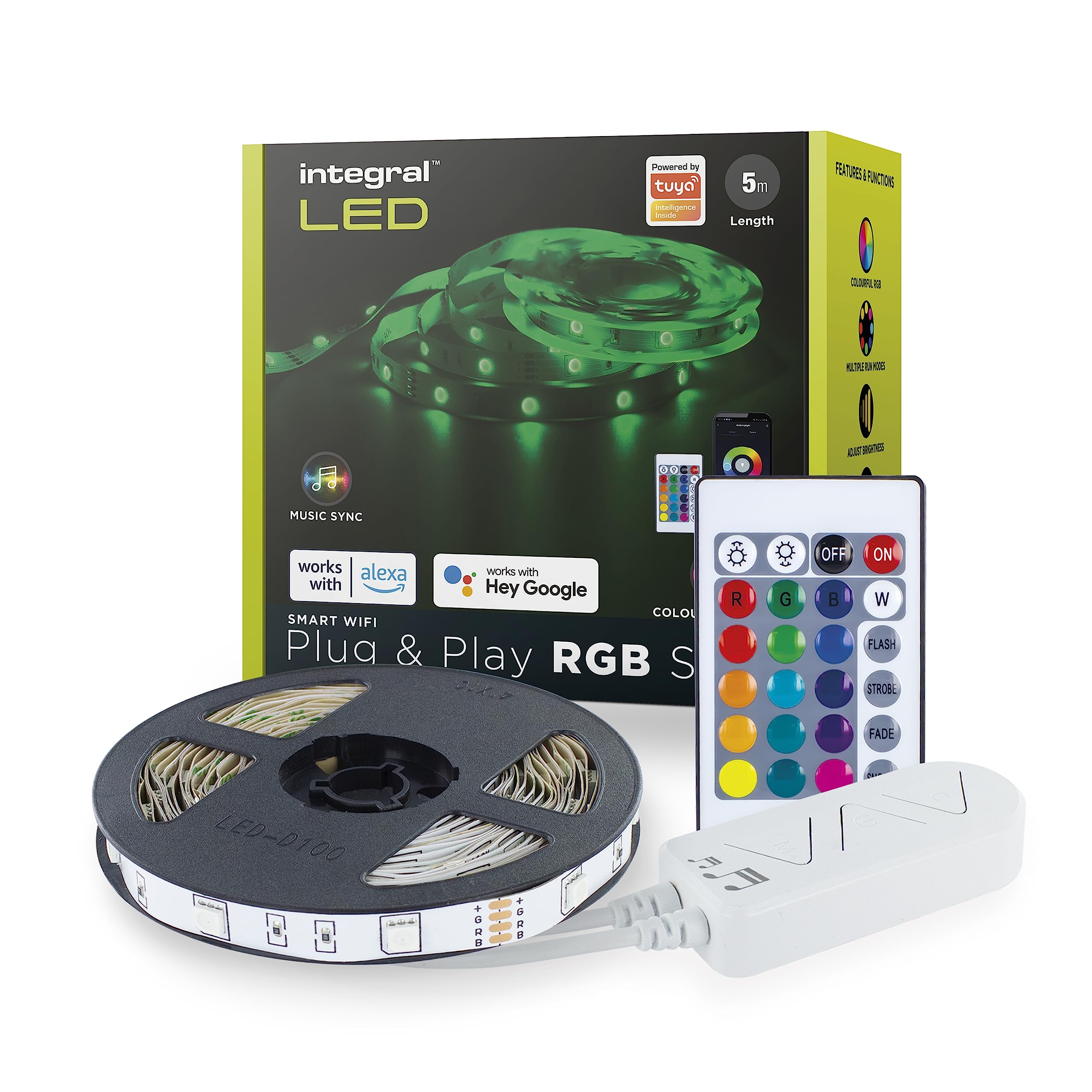 Integral LED 5m RGB Strip Light, WiFi & Smart App Control, Plug & Play, Colour Changing, Dimmable, Music Sync Includes UK Plug Adapter & IR Controller - Works with Alexa and Google Assistant