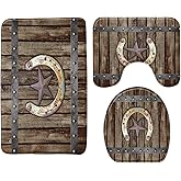 BNYARH Rustic Farmhouse Memory Foam Bath Rug 3 pc Rusty Horseshoe Texas Star on Old Barn Wooden Garagedoor Vintage Western Country Cabin Bathroom Rug Set,Bath Mat,U-Shape Contour Rug,Toilet Lid Cover