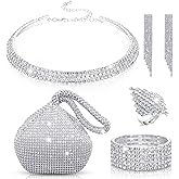Hicarer 5 Pcs Women Crystal Jewelry Set Wedding Triangle Bling Evening Clutch Bag Glitter Rhinestone Stretch Choker Necklace Bracelet Ring Dangle Fringe Earrings for Bride and Bridesmaids