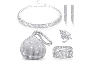 Hicarer 5 Pcs Women Crystal Jewelry Set Wedding Triangle Bling Evening Clutch Bag Glitter Rhinestone Stretch Choker Necklace Bracelet Ring Dangle Fringe Earrings for Bride and Bridesmaids