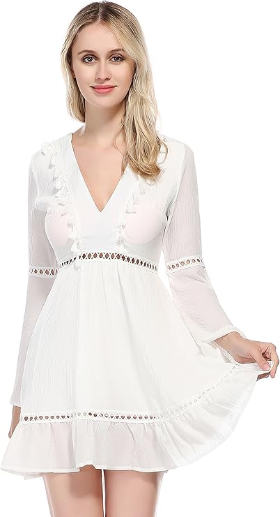 V-Neck Bell Sleeve Ruffle Midi Flare Dress with Crochet Lace Casual Elegant (White, Medium) at 