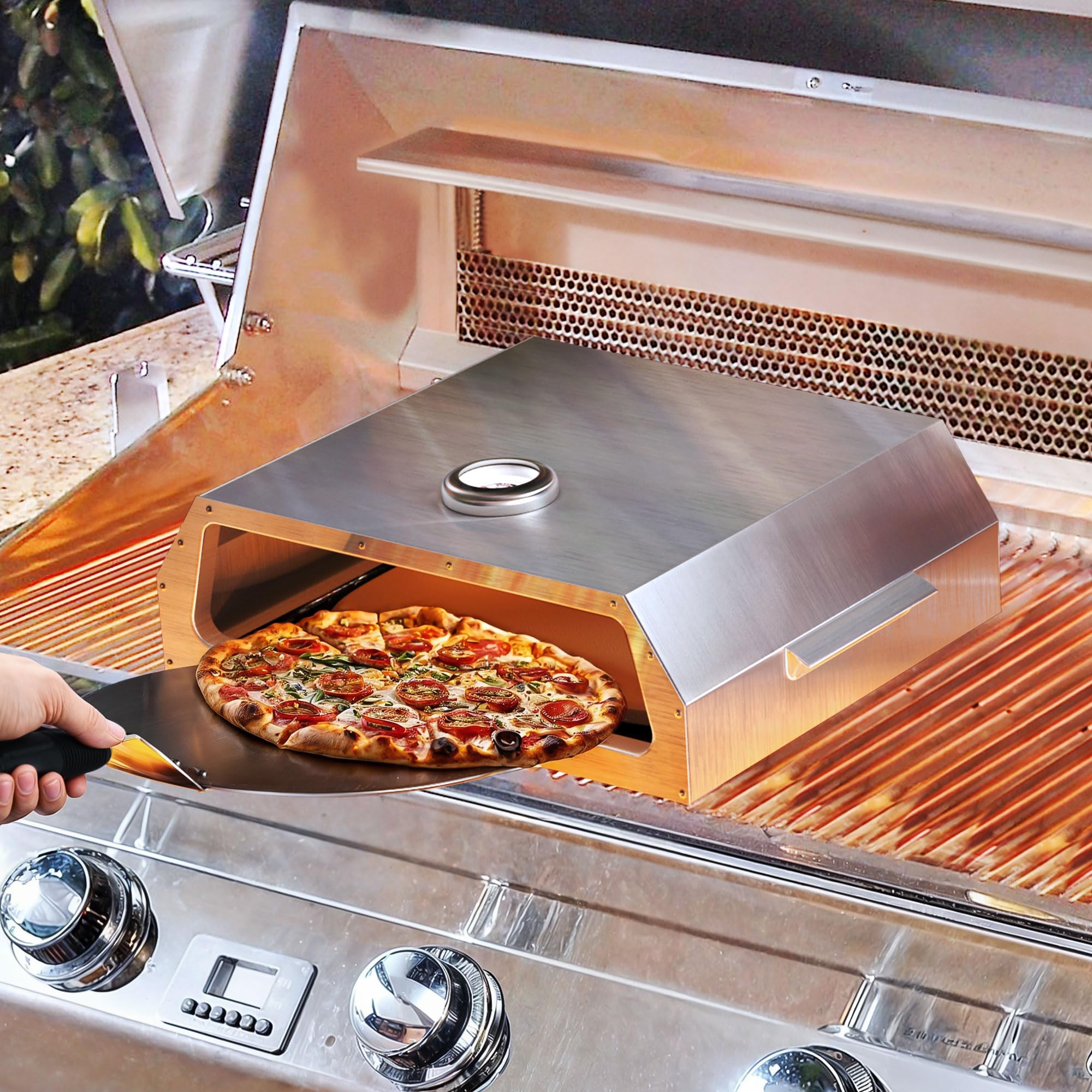 YITAHOME Pizza Oven for Grill, Grill Top Pizza Oven with Pizza Peel & Recipes, Portable Outdoor Pizza Maker with Thermometer for Charcoal Grill, Gas Grill, Propane Grill, for Backyard Camp Siver