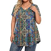 IN'VOLAND Womens Plus Size Tops Short Sleeve Summer V Neck Shirts Flowy Dressy Casual Tunic Blouses 1X-5X