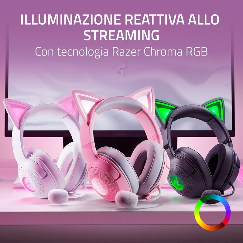 Kraken Kitty V2 - Auriculares RGB por cable con orejas de gatito (Iluminación reactiva al streaming, Micrófono cardioide HyperClear, Diafragmas de 40mm TriForce, Sonido envolvente) Negro