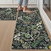 SHACOS Botanical Kitchen Rugs Set of 2, Anti Fatigue Mats for Kitchen Floor, Black Green Cushioned Mats Leaf Floral Farmhouse