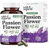 Wild & Organic Passion Flower Extract Capsules 600 mg - Relaxation & Mood Support - Passionflower Supplement - Passiflora Incarnata Herb - Vegan, No Fillers, Non-GMO - 120 Count