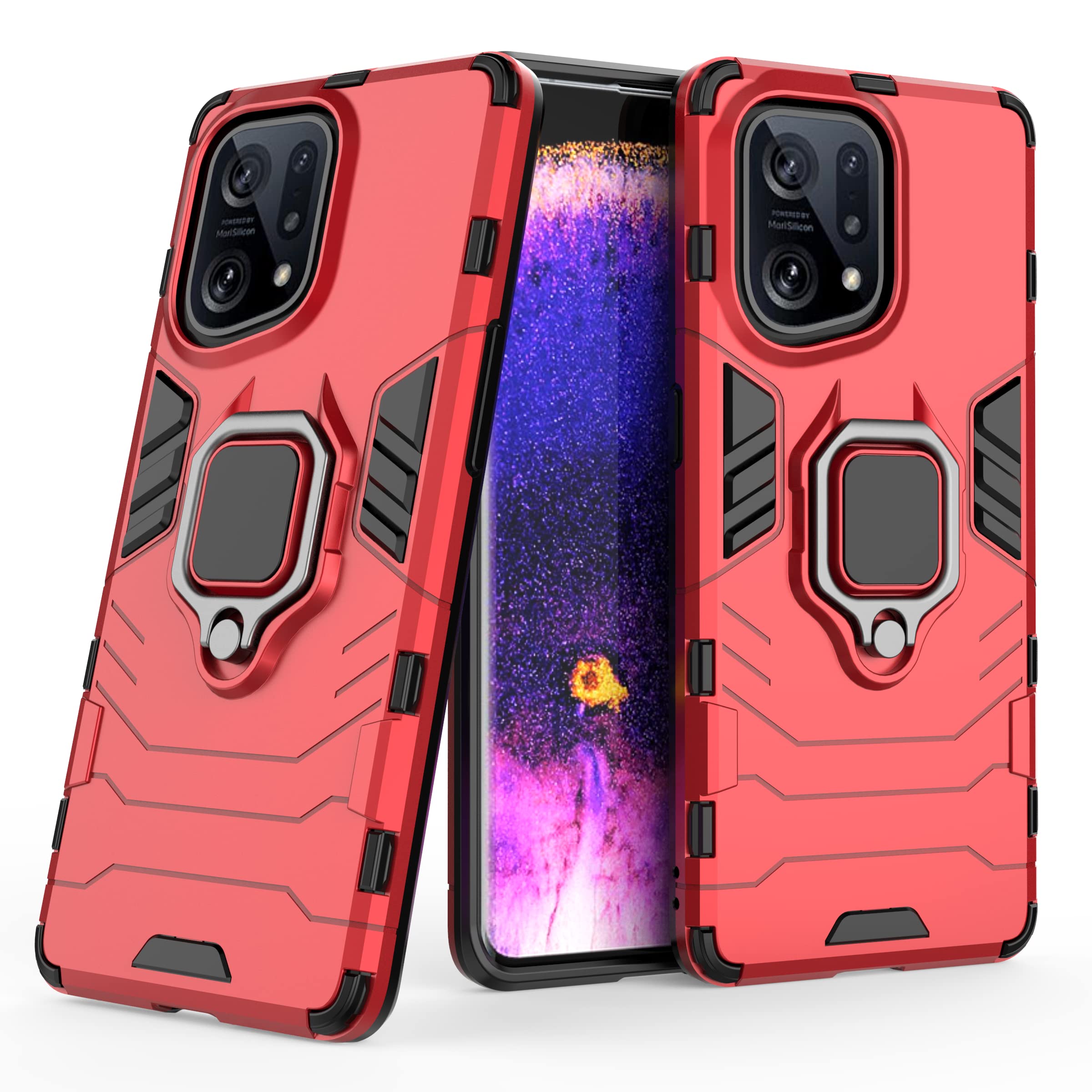 FTRONGRT Case for Oppo Find X5, Rugged and Shockproof, with Mobile Phone Holder, Cover for Oppo Find X5-Red