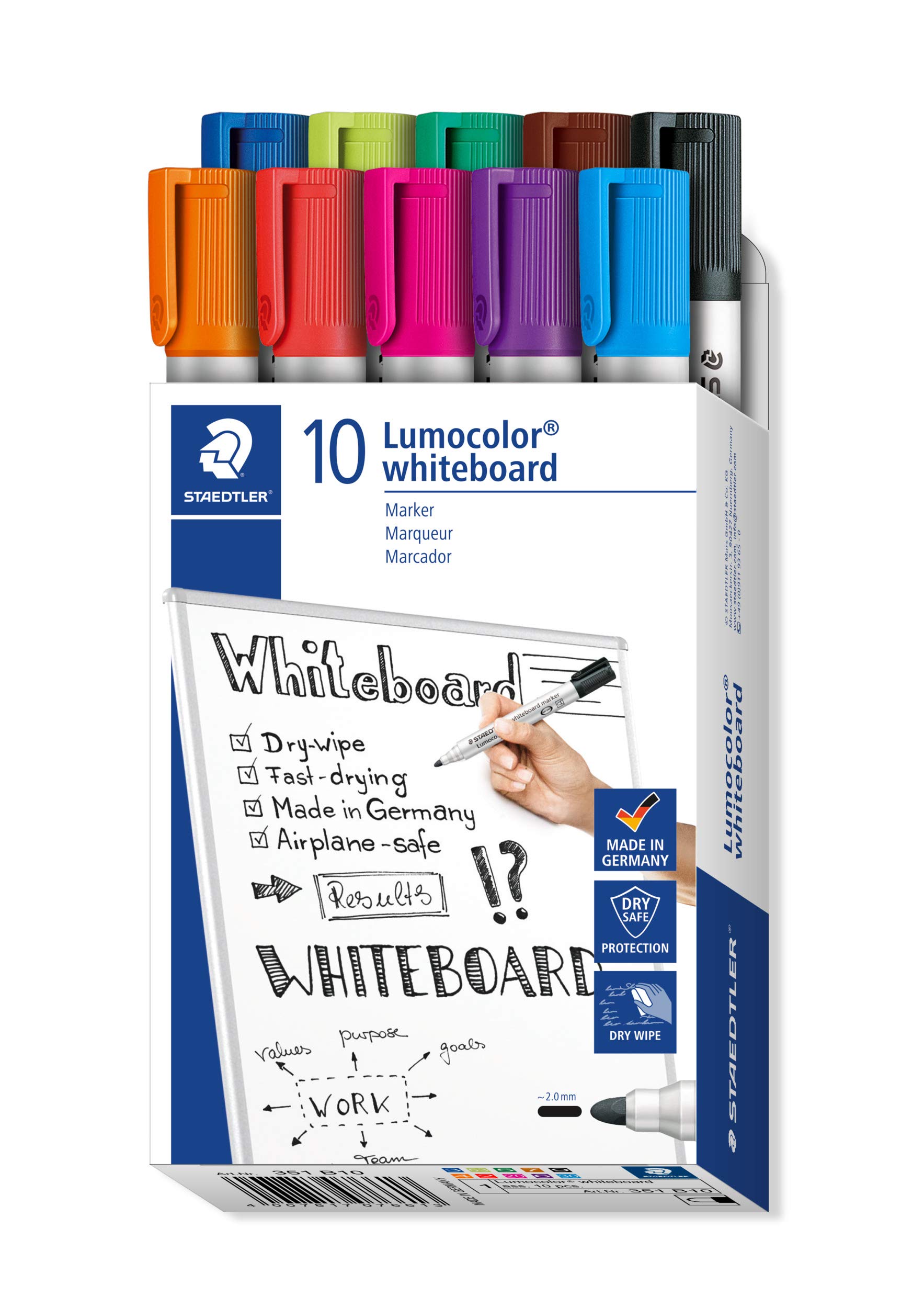 STAEDTLER 351 B10 Lumocolor Whiteboard Marker Bullet Tip, 2.0mm Line Width - Assorted Colours (Box of 10)