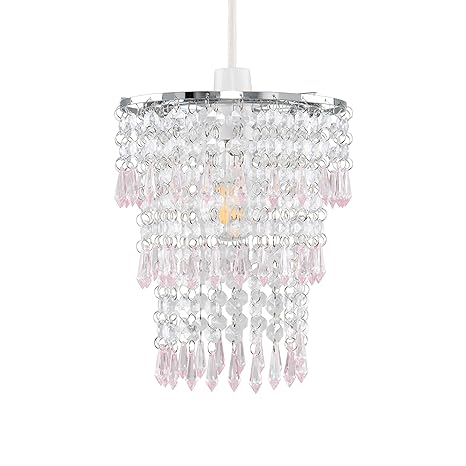 Modern Chrome Chandelier Ceiling Pendant Light Shade With Clear Pink Acrylic Jewel Droplets