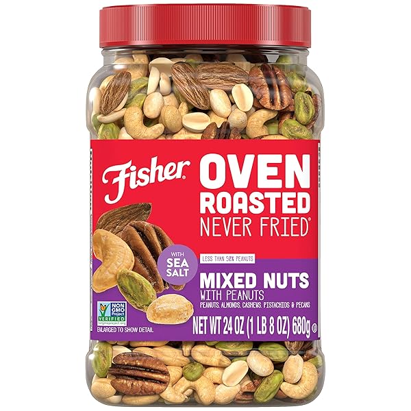 FISHER OVEN ROASTED NEVER FRIED MIXED NUTS WITH PEANUTS, 24 OUNCES (PACK OF 1), PEANUTS, ALMONDS, CASHEWS, PISTACHIOS, PECANS, SNACKS FOR ADULTS, MADE WITH SEA SALT, NO ADDED OILS, ARTIFICIAL INGREDIENTS OR PRESERVATIVES, TRAIL MIX, GLUTEN FREE ​