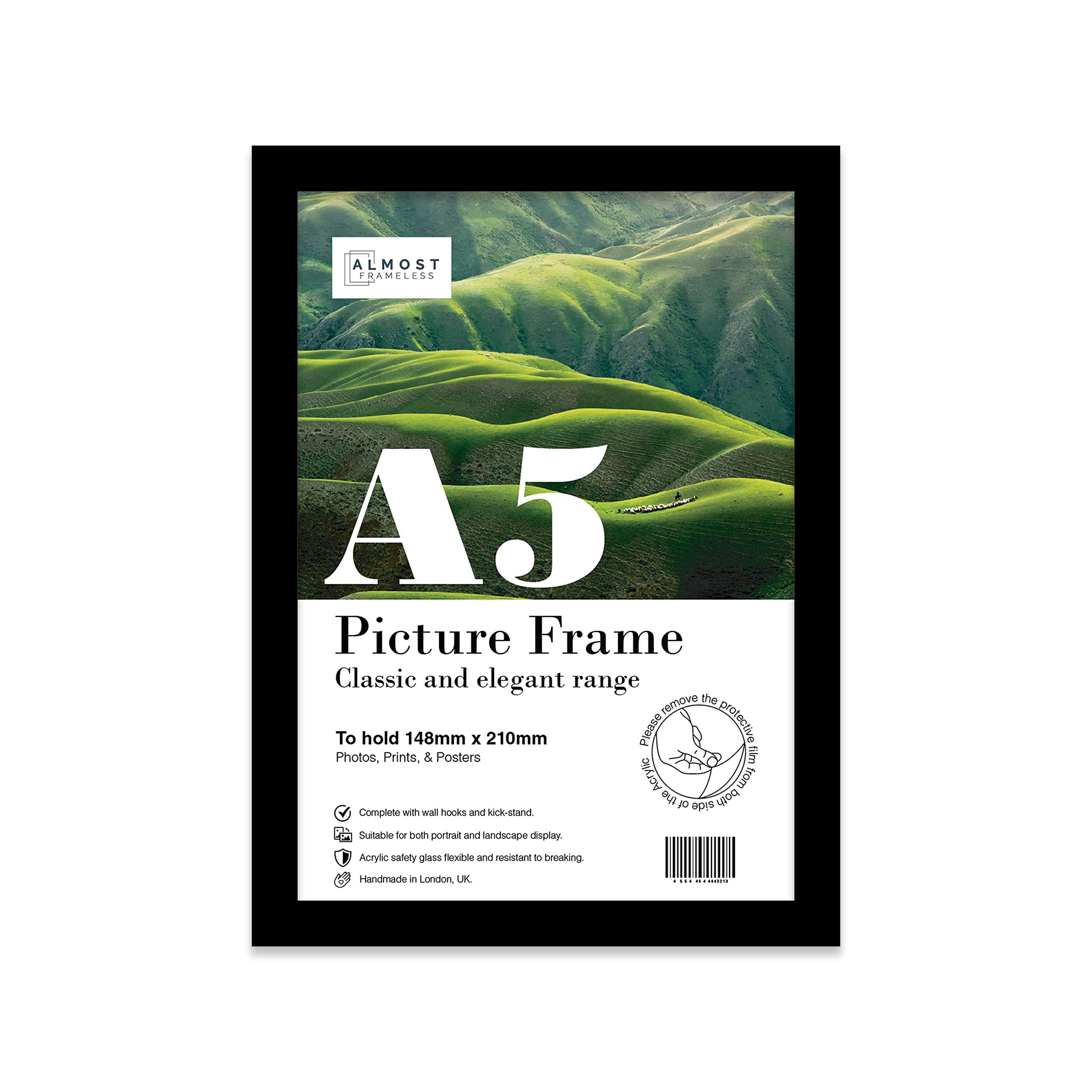 Almost Frameless A5 Black Picture Frame, Fits A5 (14.8 x 21cm - 5.8 x 8.3in) Poster, Photo, or Print. Portrait and Horizontal Wall Hooks/Kickstand Wall Art Display