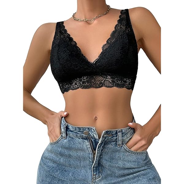OYOANGLE Women's Floral Lace Bralette - Wireless Spaghetti Strap Camisole With Scallop Trim