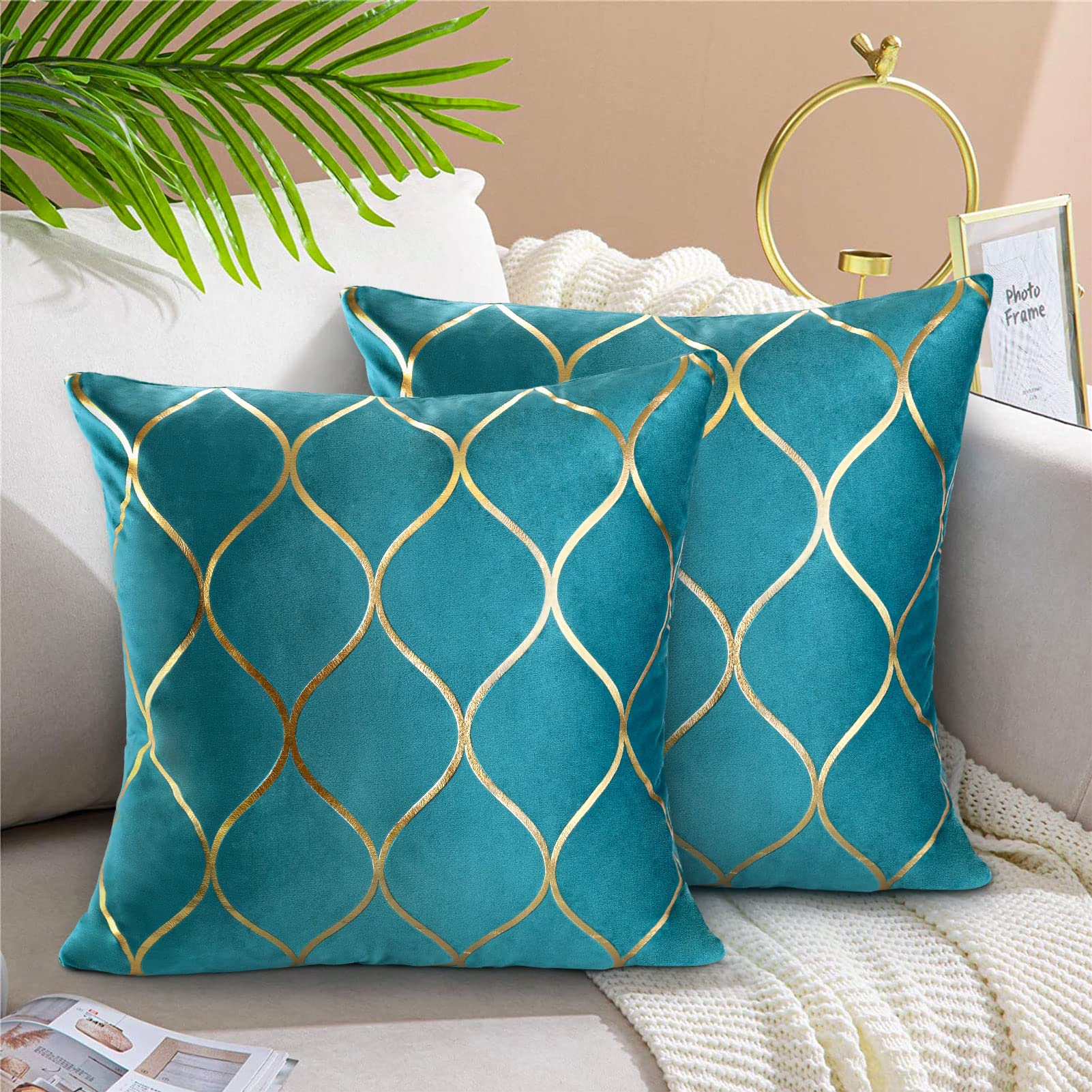 Hanrunsi Cuhion Covers Teal 18x18 Decorative Cushions for Sofa Living Room Cushions 45x45 Blue Throw Pillow Covers Set of 2 Golden Pillows