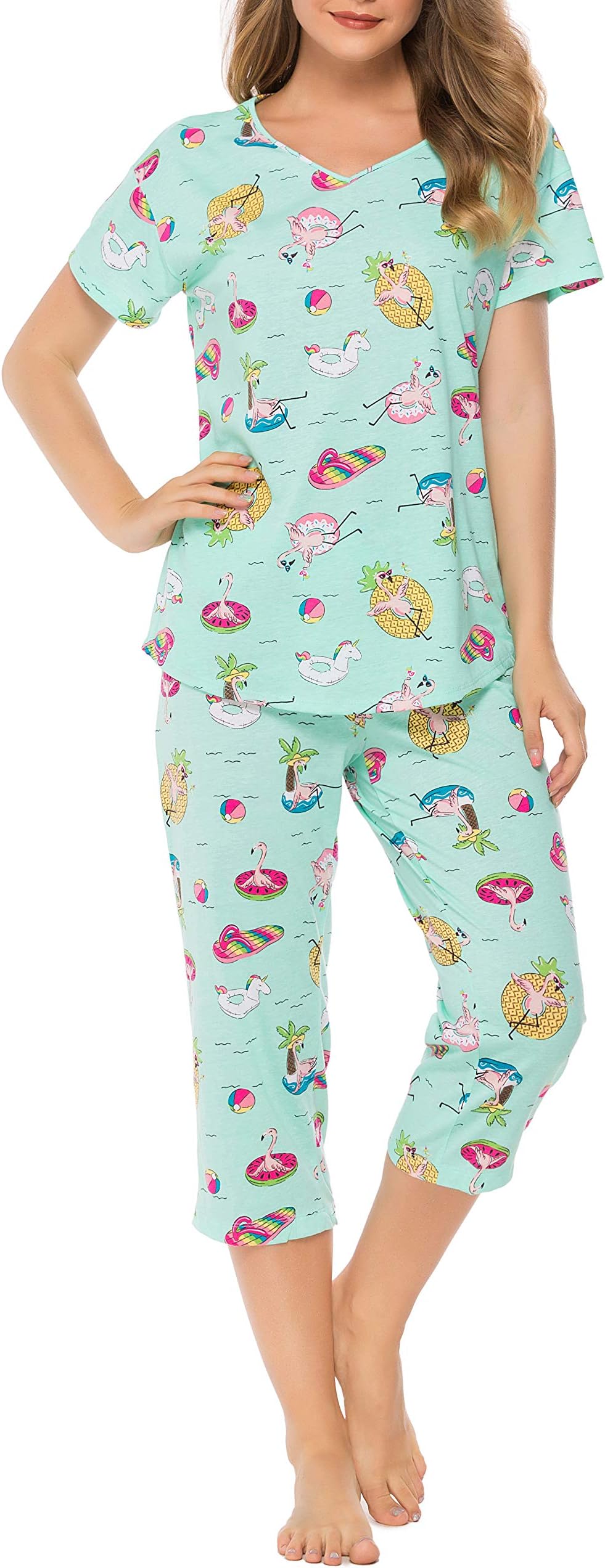 Women's Pajama Sets Short Tops and Capri Pants Cute Cartoon Sleepwear Loungewear