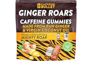 CAFFEINE BULLET Ginger Roars - 60 Energy Gummies - Vegan Caffeine Chews Each 33mg, Made with a Tasty, Natural Fiery Kick for Improved Running, Cycling, Preworkout & Focus.