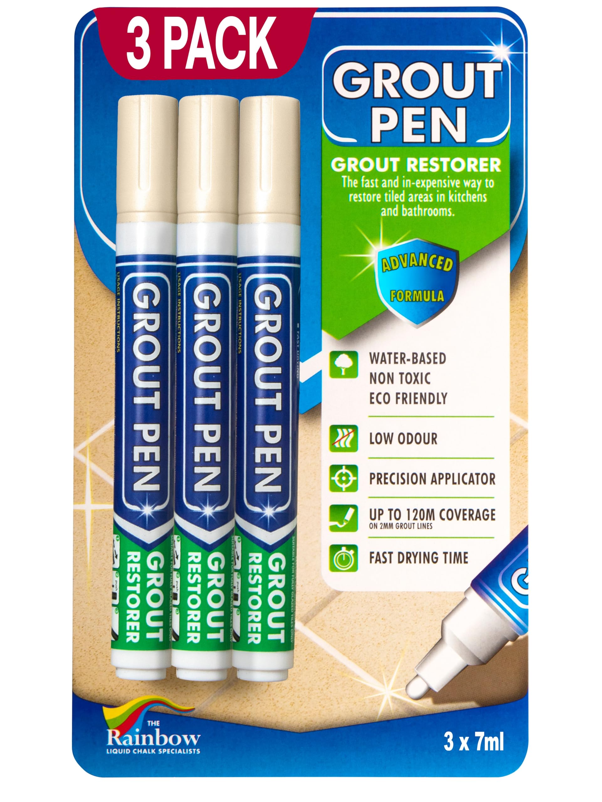 3 X Grout Pen CREAM Tile Paint Marker: Waterproof Grout Paint, Tile Grout Colorant and Sealer Pens Narrow Grout Sealer for Shower Tile & Grout Sealer for Floor Tile | 5mm Tip (7ml)