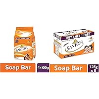 Santoor Sandal and Turmeric Soap Super Saver Pack, 100g (Pack of 4) And Santoor Sandal and Almond Milk Soap (Buy 4 Get 1 Free 125g each)