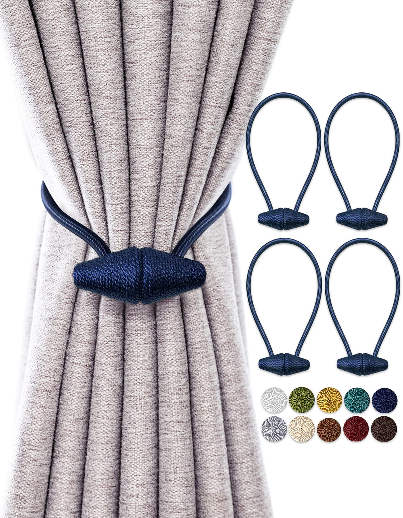 TECVINCI Magnetic Curtain Tiebacks with Upgrade Larger Magnet, 4 Pack 40cm Drapery Holdbacks for Indoor & Outdoor Curtain - Navy
