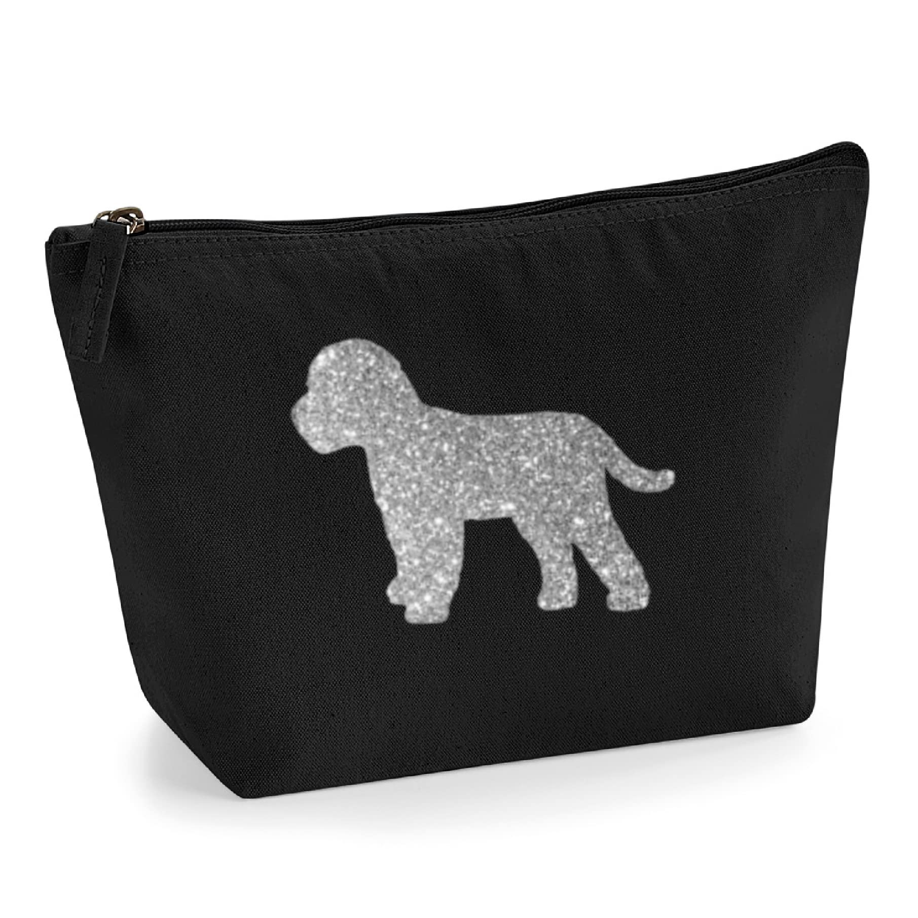 Cockapoo Makeup Bag – Black Cotton Canvas Cosmetic Pouch with Silver Glitter Cockapoo Design – Dog Lover Gift – Zippered Storage Bag for Toiletries, Beauty Products & Travel