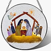 LAOWEIKI 8'' Stained Glass Window Hanging, Nativity Scene Ornament, Christian Ornament, Holy Family Decoration, Religious Holiday Decor, Gift for Christmas, Religious Gifts, Christian Gifts
