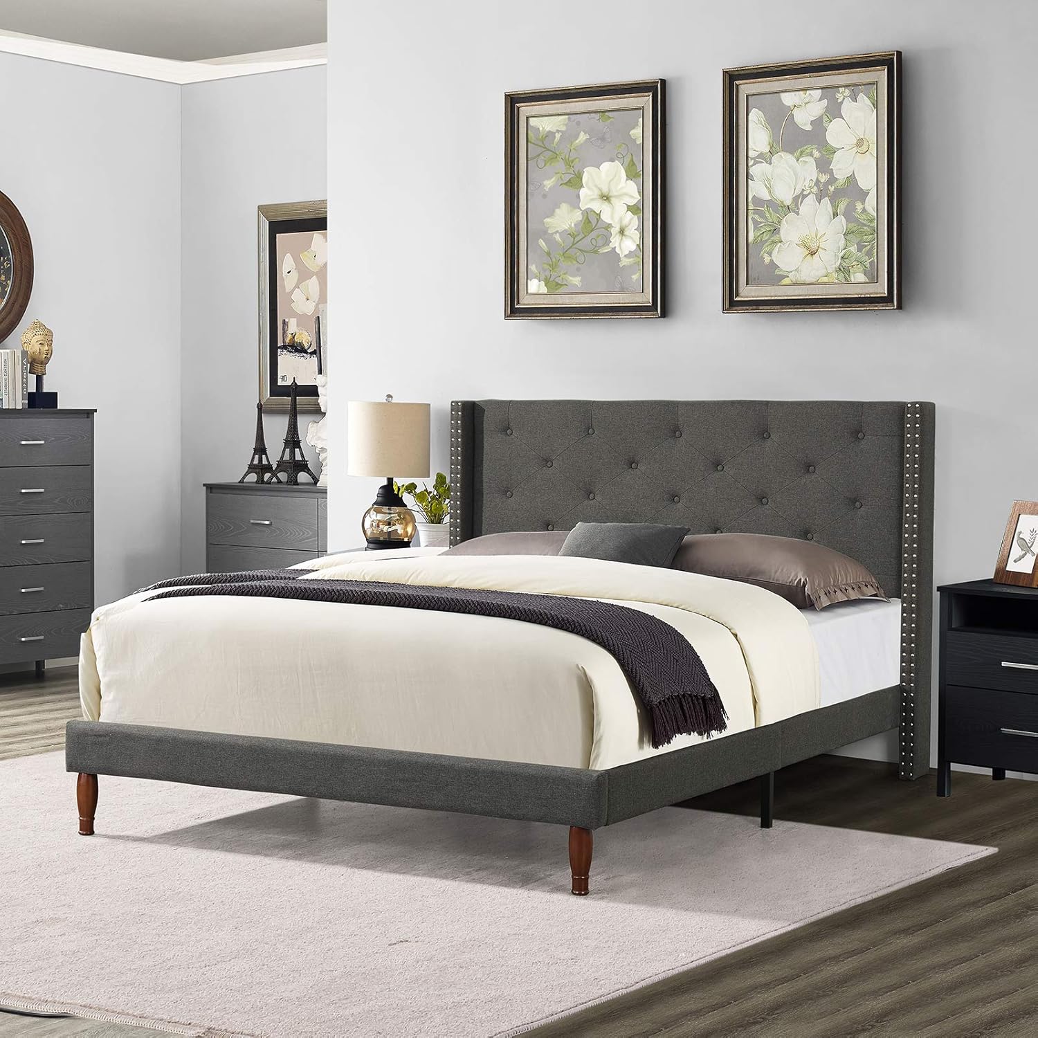 BINGTOO Full Size Bed Frame with Headboard, Upholstered Platform Bed Frame/No Box Spring Needed/Mattress Foundation/Wood Slat Support/Easy Assembly, Tufted